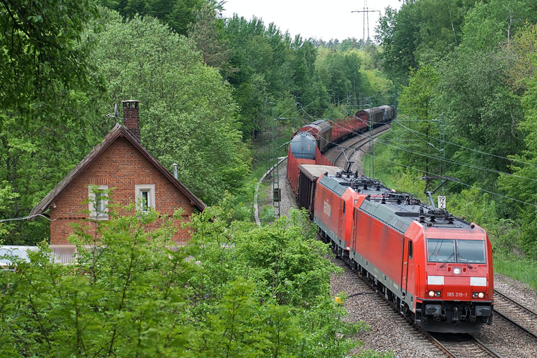 185 319 und 185 175 mit FE 44696 bei km 19,2 (Mai 2010)