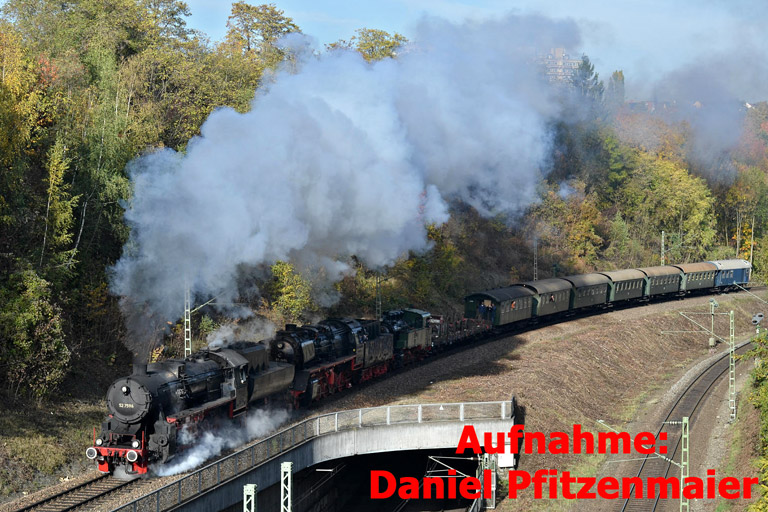 52 7596, 50 3636 und Lok 16 mit DbZ 92754 bei km 13,8 (Oktober 2012)